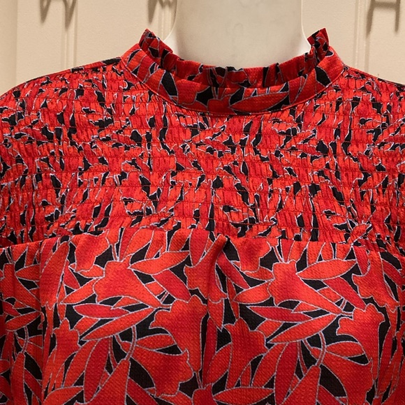 Ann Taylor Women’s Size S Blouse Top High Ruffle Neck Ruching Balloon Sleeves - Picture 2 of 7